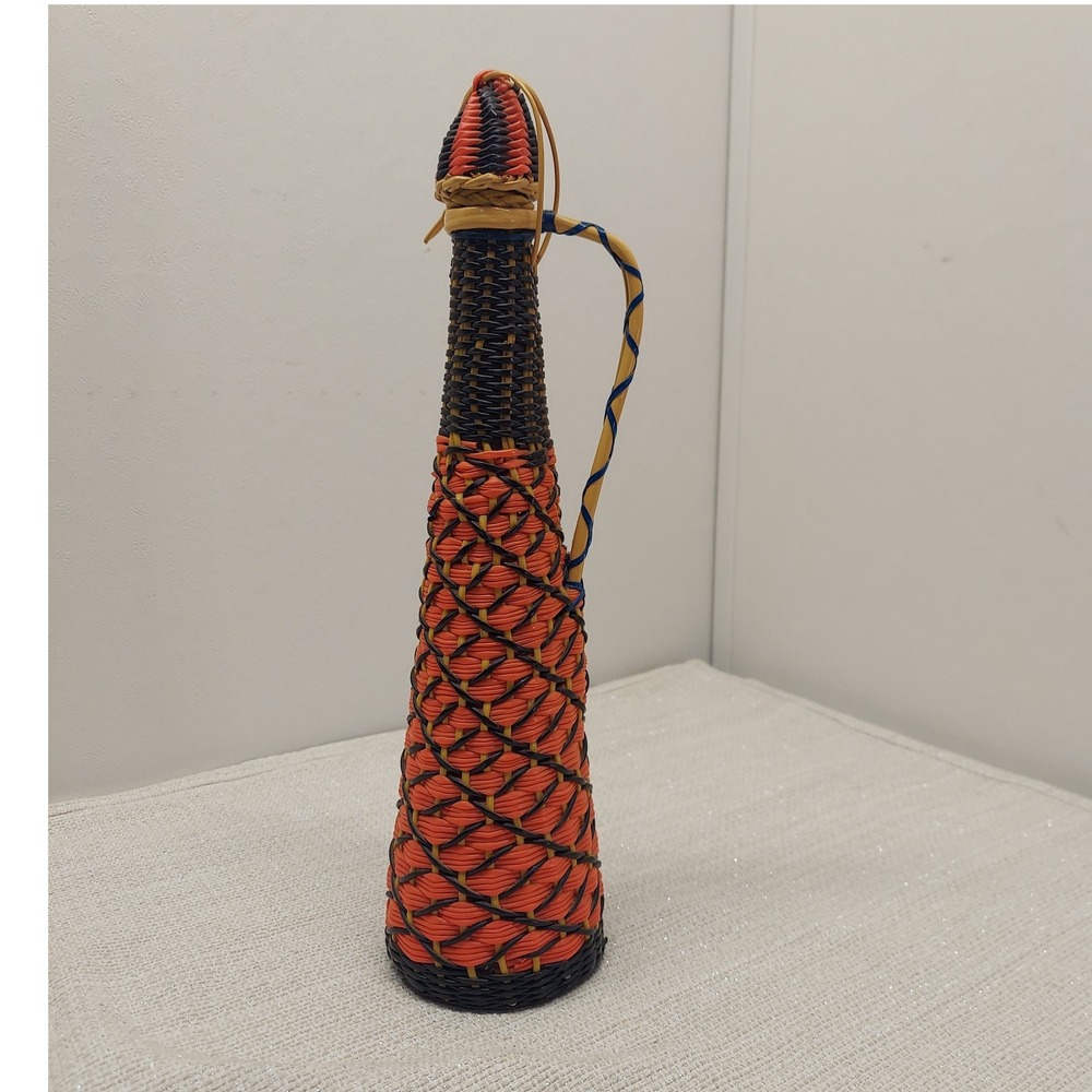 Vintage Woven Wrapped Amber Glass Decanter Bottle Orange Black Tiki Mid Century